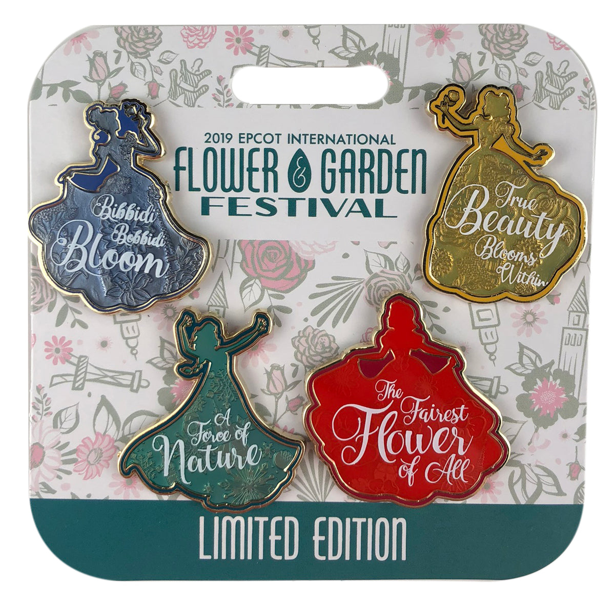 Disney Pin - EPCOT Flower and Garden 2019 Princess Quotes - LE 1500 4-Pin Set - front view