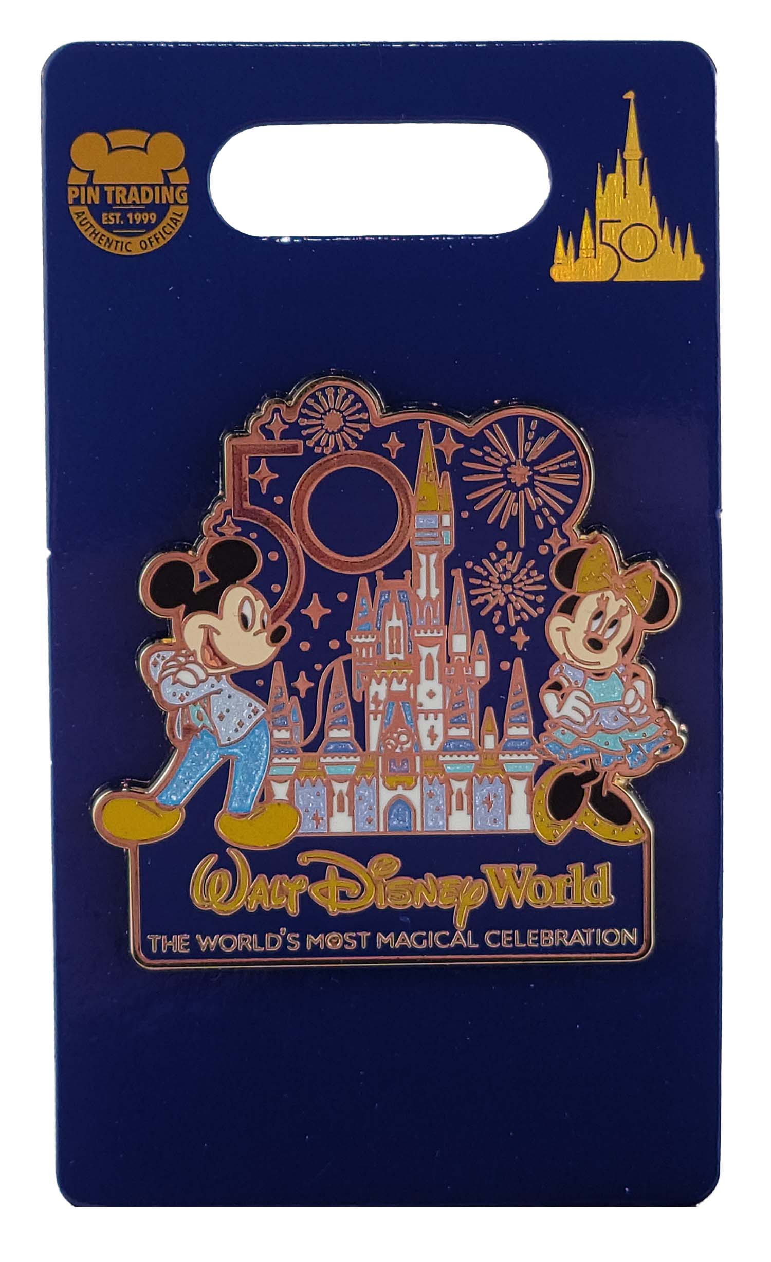 Disney Pin - Walt Disney World - 50th Anniversary - World's Most Magical Celebration - Mickey and Minnie Mouse with Cinderella Castle