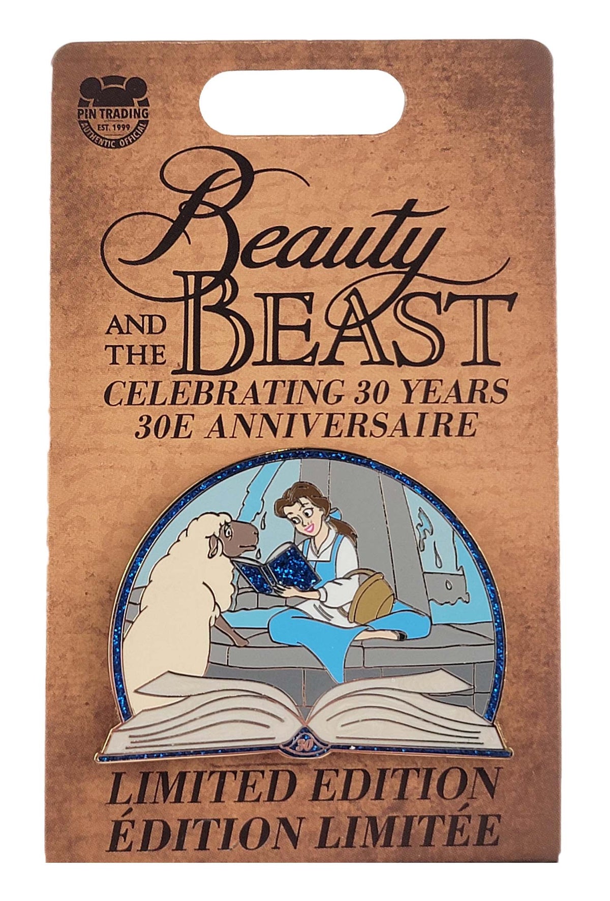 Disney Pin - Beauty and the Beast - 30th Anniversary - Belle Reads to a Sheep - front view