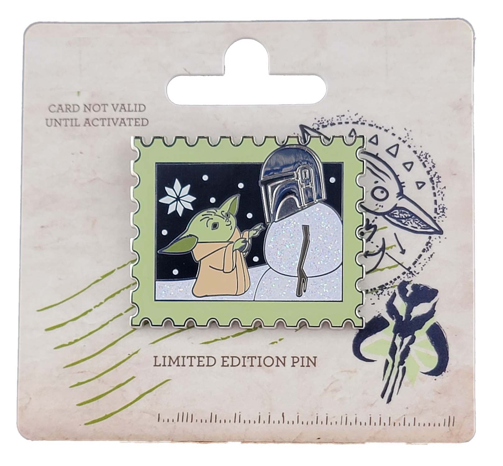 Disney Pin - Grogu and Mandalorian Snowman - Holiday Postage Stamp - Gift Card PWP