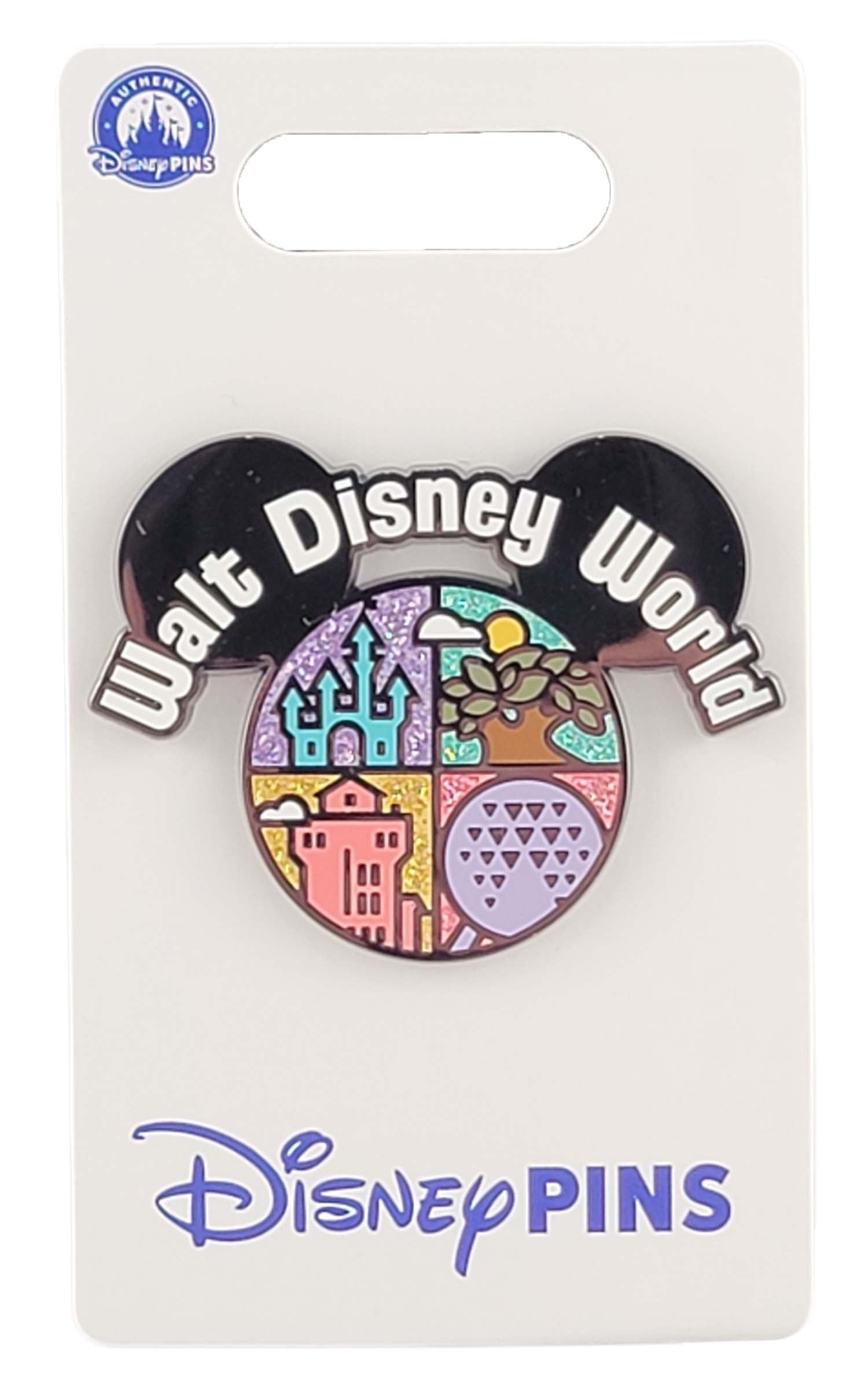 Disney Pin - WDW - Four Park Icons with Glittery Skies - Mickey Icon - Tower of Terror, Cindrella Castle, Spaceship Earth and The Tree of Life