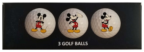 Three Mickey Mouse golf balls visible through the package window