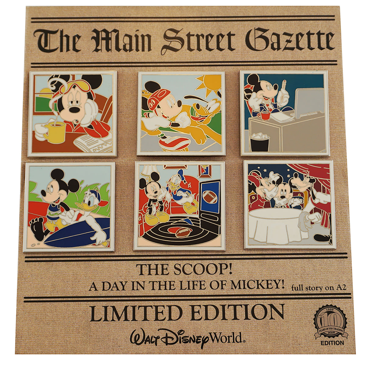 Disney Pin - Main Street Gazette Day in the Life of Mickey - LE 500 6-Pin Set - front view