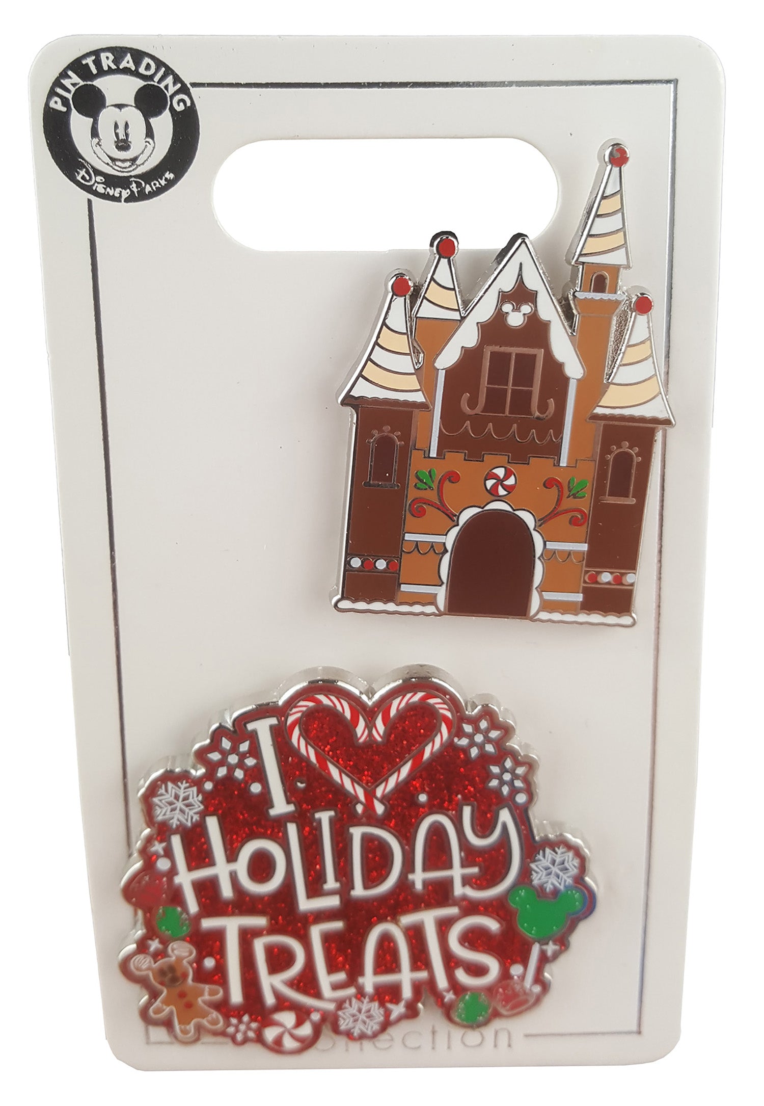 Disney holiday pin with gingerbread castle and I Heart Holiday Treats candy